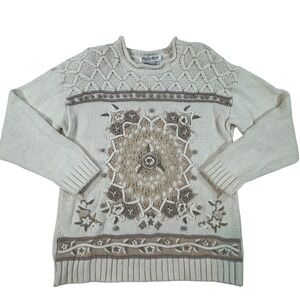 Vintage MJ Carroll‎ Floral Crochet Embroidered Sweater Ivory L Whimsical Boho